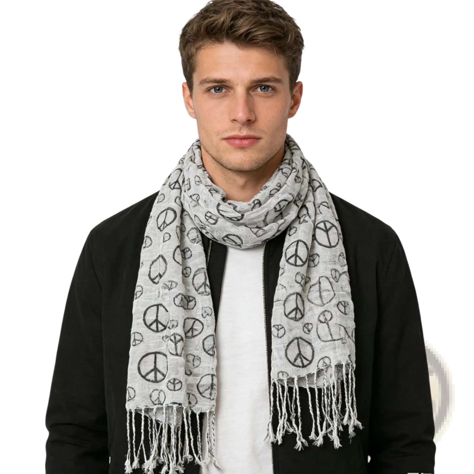 Light gray viscose scarf with black peace sign and heart pattern and fringed edges geometric peace sign design