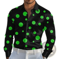 Black geometric polka dot long sleeve men shirt with vibrant neon green dots and button-up front design