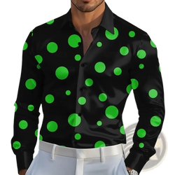 Black geometric polka dot long sleeve men shirt with vibrant neon green dots and button-up front design