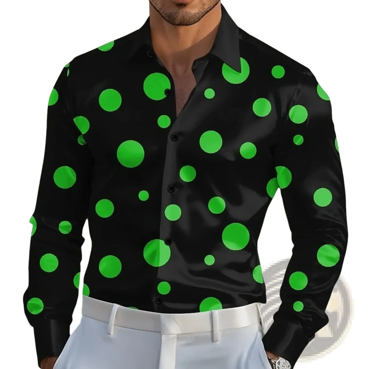 Black geometric polka dot long sleeve men shirt with vibrant neon green dots and button-up front design