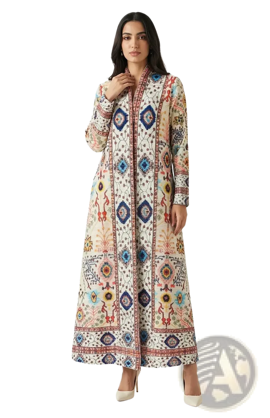A long flowing beige geometric print bohemian abaya dress with intricate blue red pink and gold floral patterns