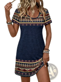 A navy blue short-sleeved casual summer dress with intricate earthy geometric patterns on neckline hem and sleeves