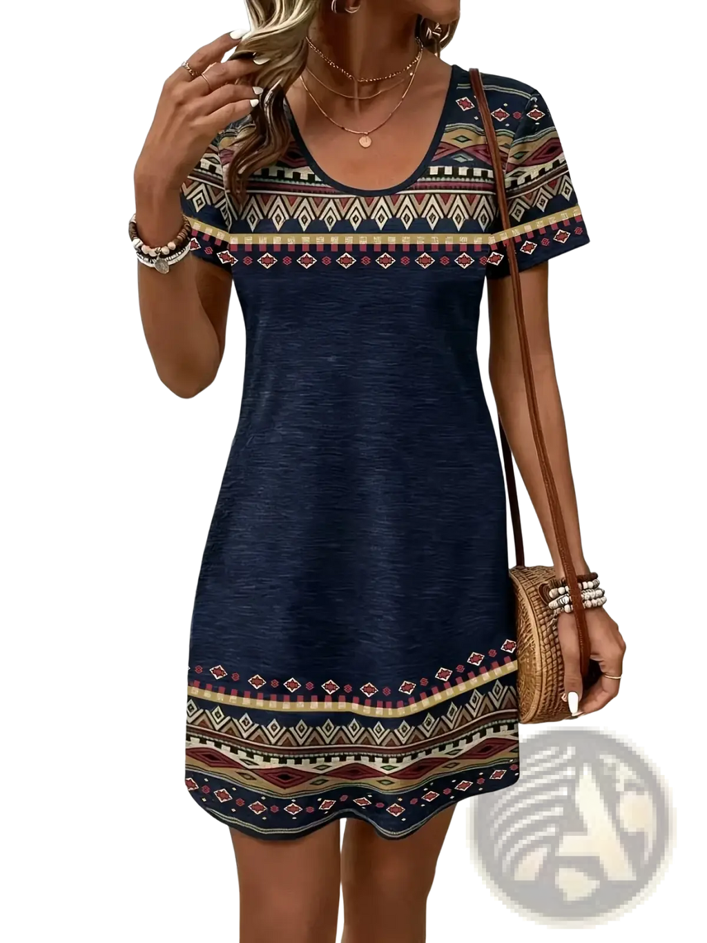 Navy blue short-sleeved casual summer dress with beige red and brown geometric patterned trim for warm weather