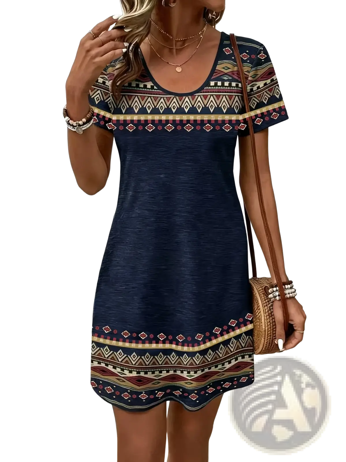 Navy blue short-sleeved casual summer dress with beige red and brown geometric patterned trim for warm weather