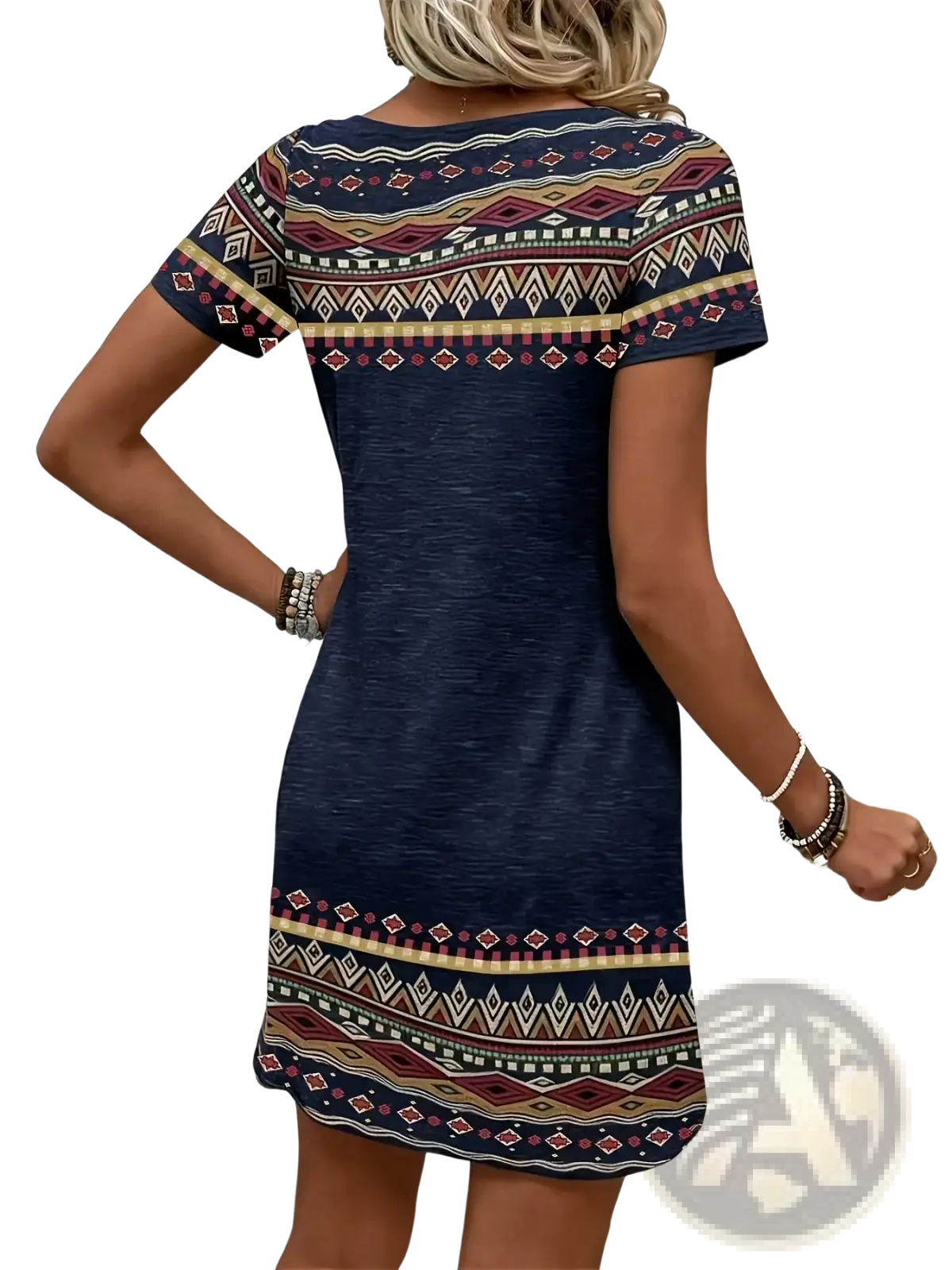A navy blue short-sleeved casual summer dress with maroon beige and cream geometric patterns on shoulders sleeves and hem