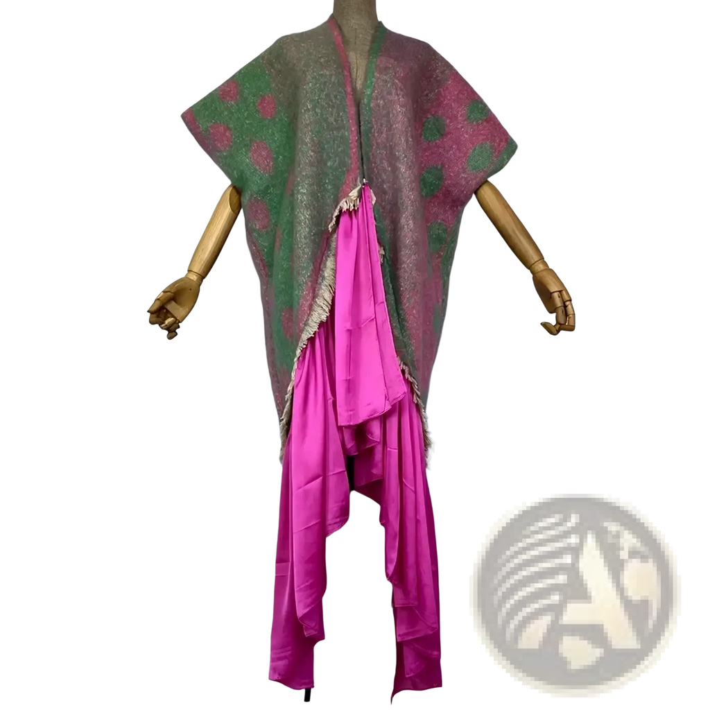 A vibrant asymmetrical winyi poncho with green and pink polka dots frayed edges and a bold magenta panel