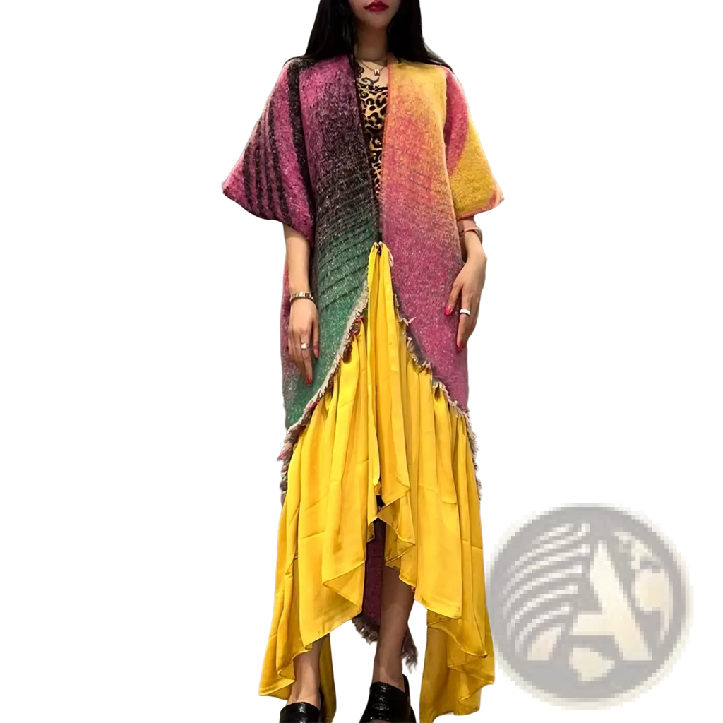 A vibrant gradient knit winter poncho coat in pink yellow and green with geometric print and frayed edge