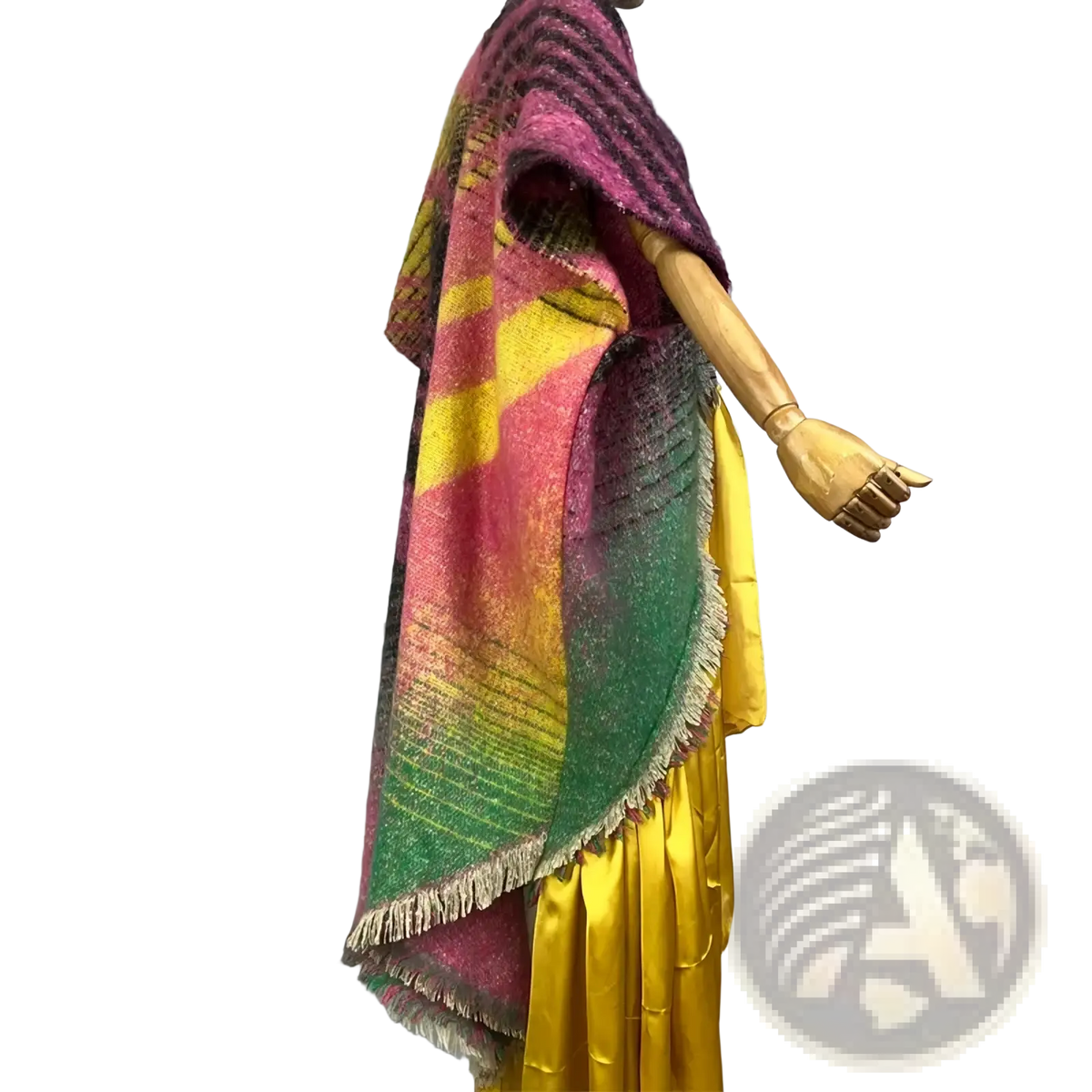 Geometric print fringe winter poncho coat in vibrant pink yellow green and purple woolen gradient with fringed edges