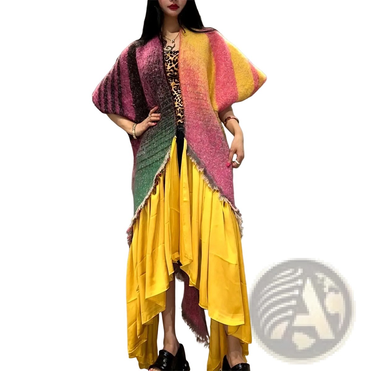 Vibrant multicolored striped knit geometric print fringe winter poncho coat with frayed edges and loose flowing design