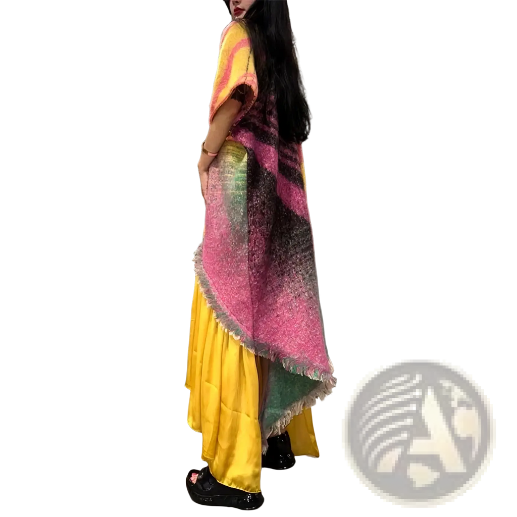 Vibrant multicolored knit geometric print fringe winter poncho coat with gradient pink yellow green and black pattern