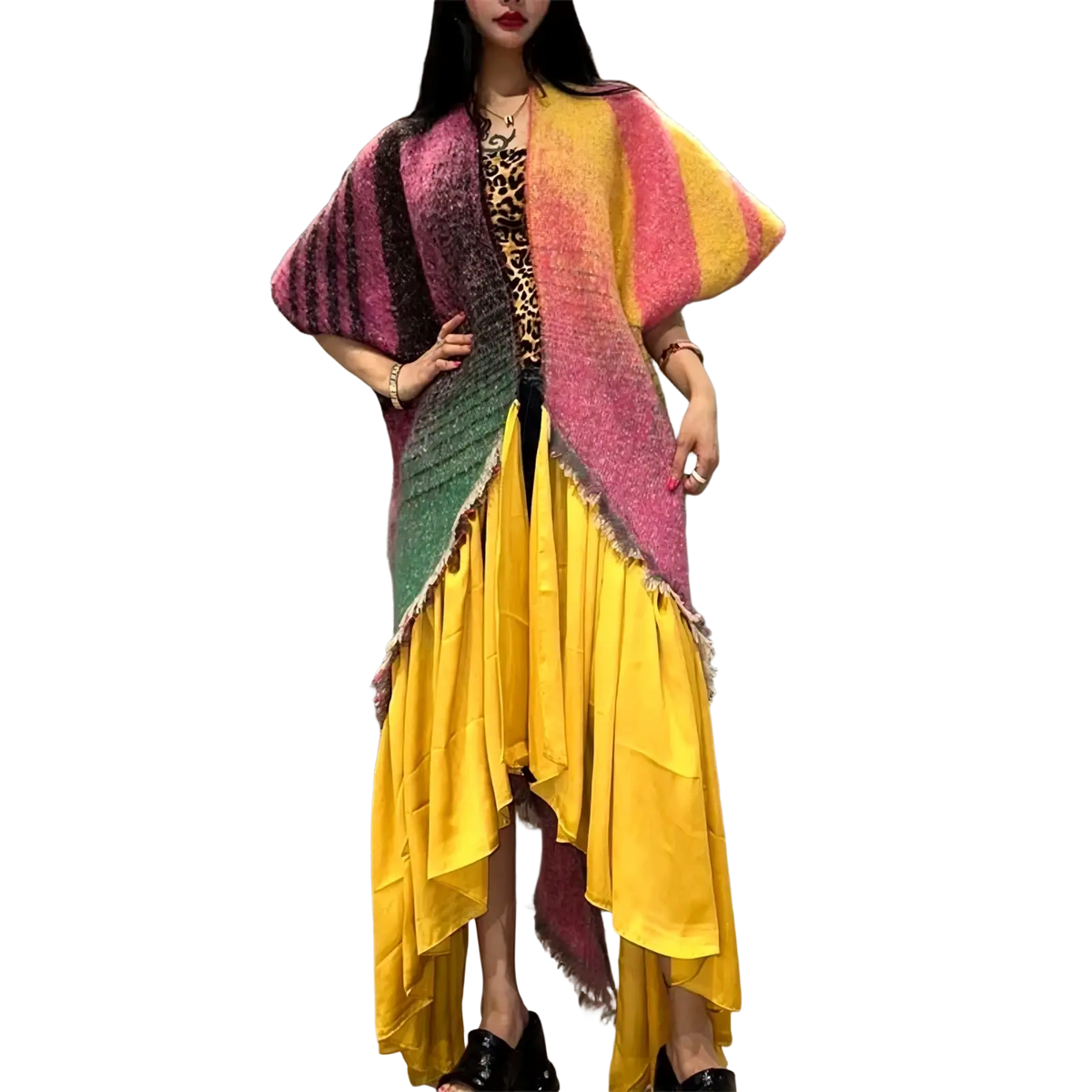 Vibrant multicolored striped knit geometric print fringe winter poncho coat with frayed edges and loose flowing design