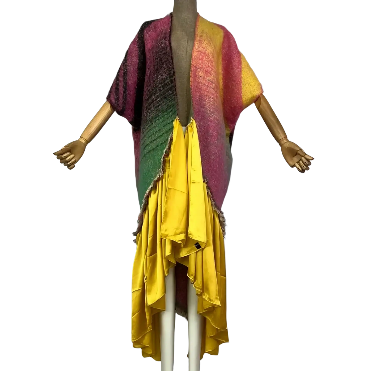 Geometric print fringe winter poncho coat with vibrant rainbow colors, textured knit top, and yellow satin fringe