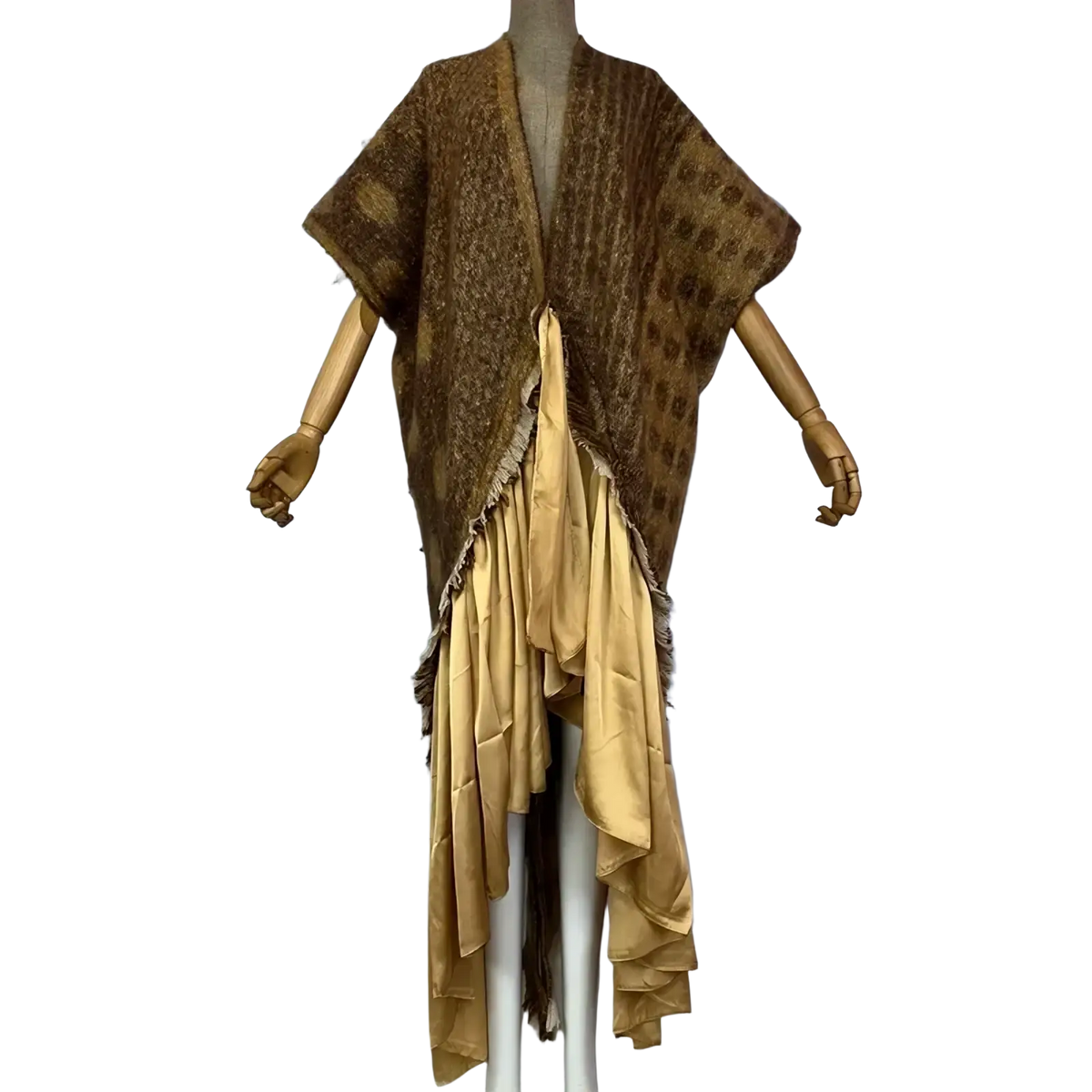 Winyi brown textured knit poncho with geometric print and layered gold satin fringe hem for winter wear