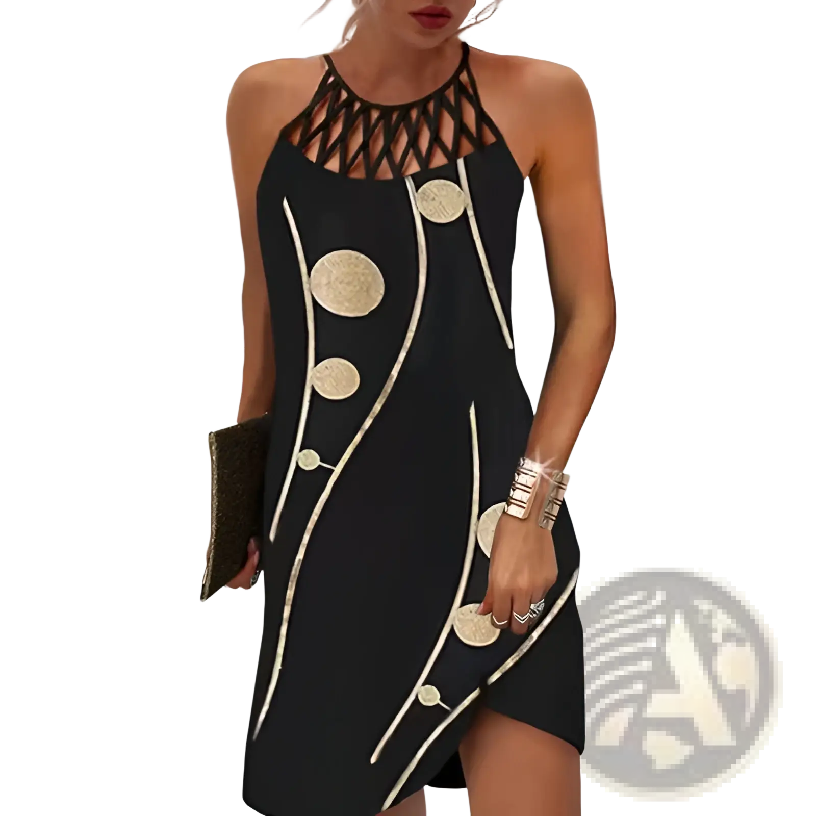 Black halterneck asymmetrical midi dress with gold coin embellishments and white piping details