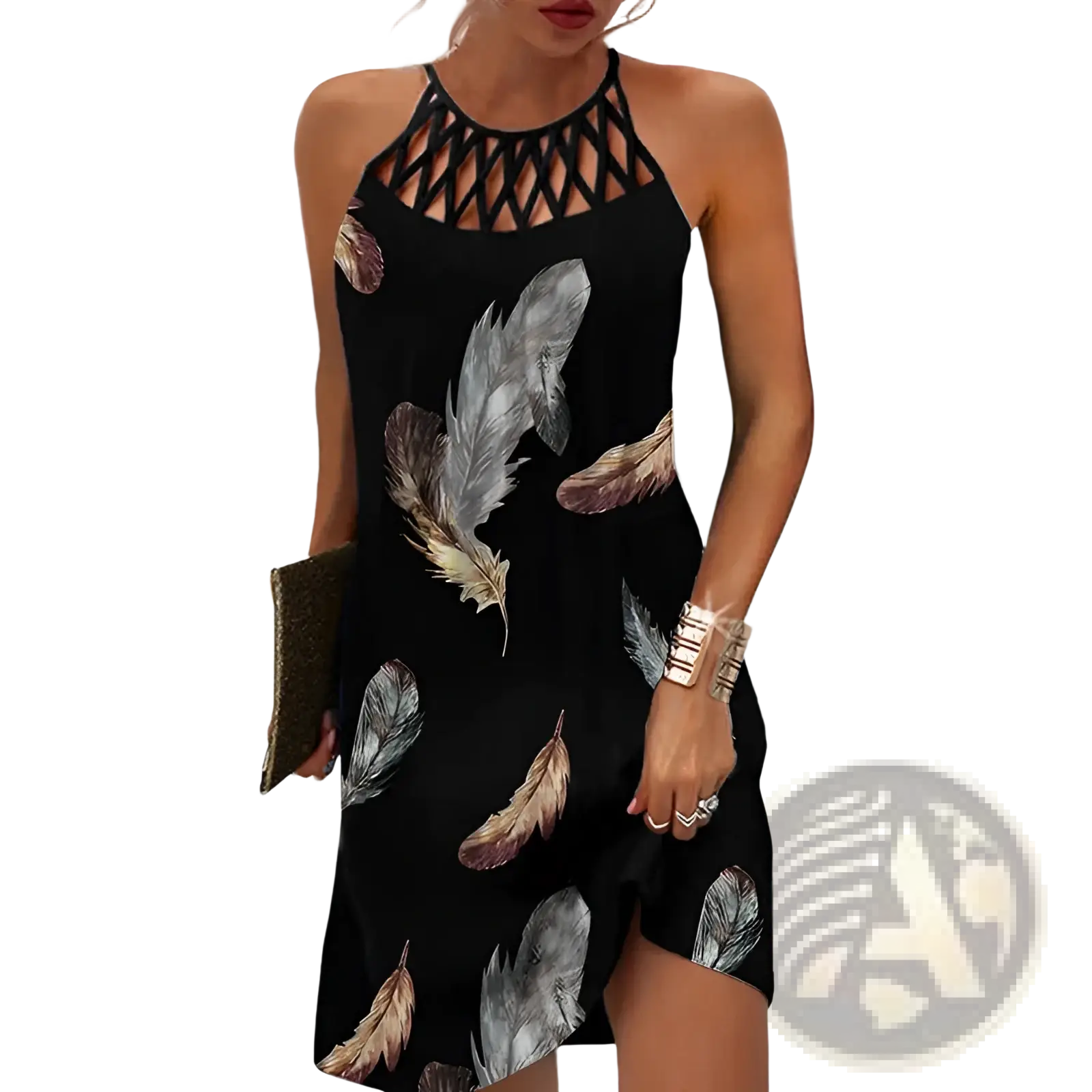 Black halter-neck midi dress with lace-up neckline and all-over gray, brown, and gold feather print