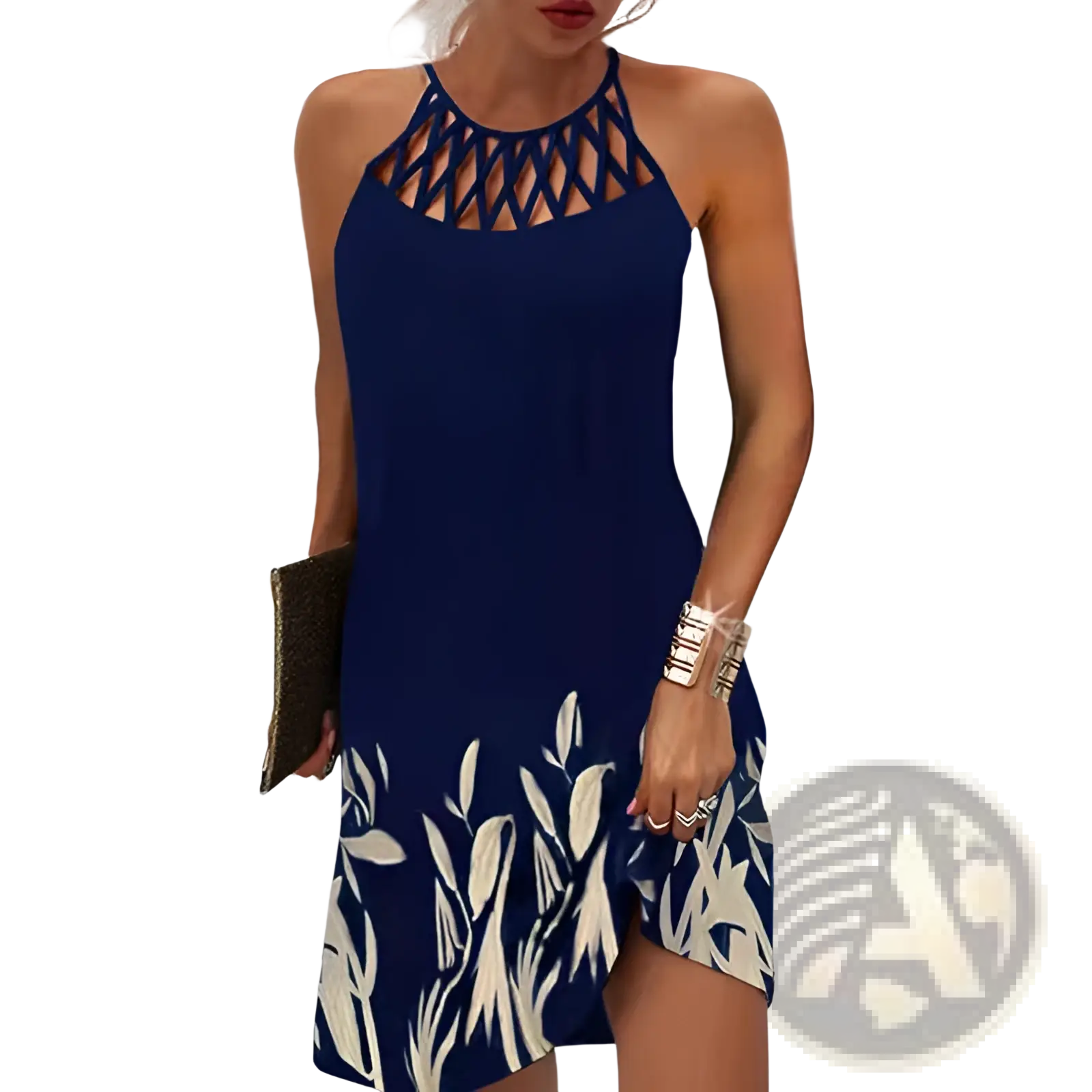 Navy blue halterneck midi dress with geometric lattice neckline and cream leaf pattern at the hem for formal wear