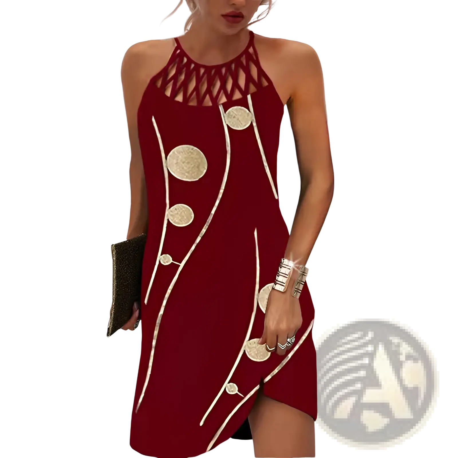 Red geometric print halterneck asymmetrical midi dress with gold circular embellishments and white stitched lines