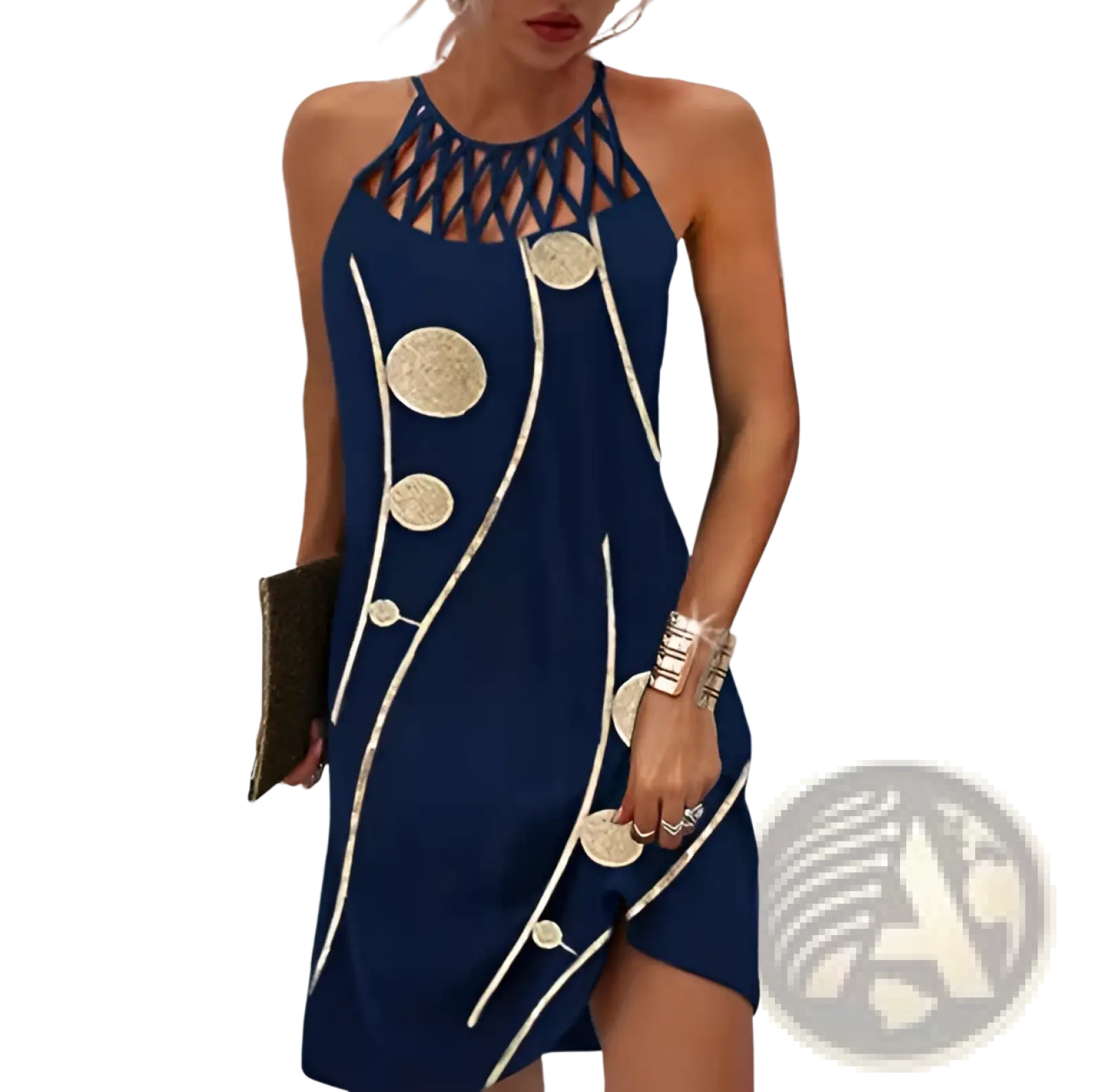 Geometric print halterneck asymmetrical midi dress in navy blue with gold circular embellishments and metallic trim