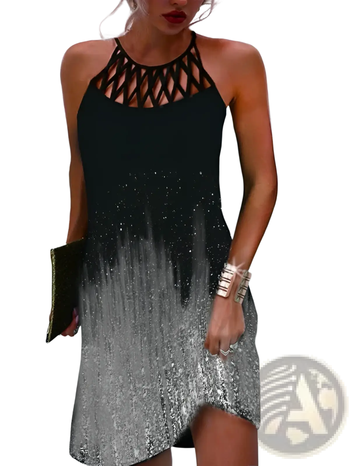 Black and silver gradient sequin geometric print halterneck asymmetrical midi dress with intricate lattice cutout design