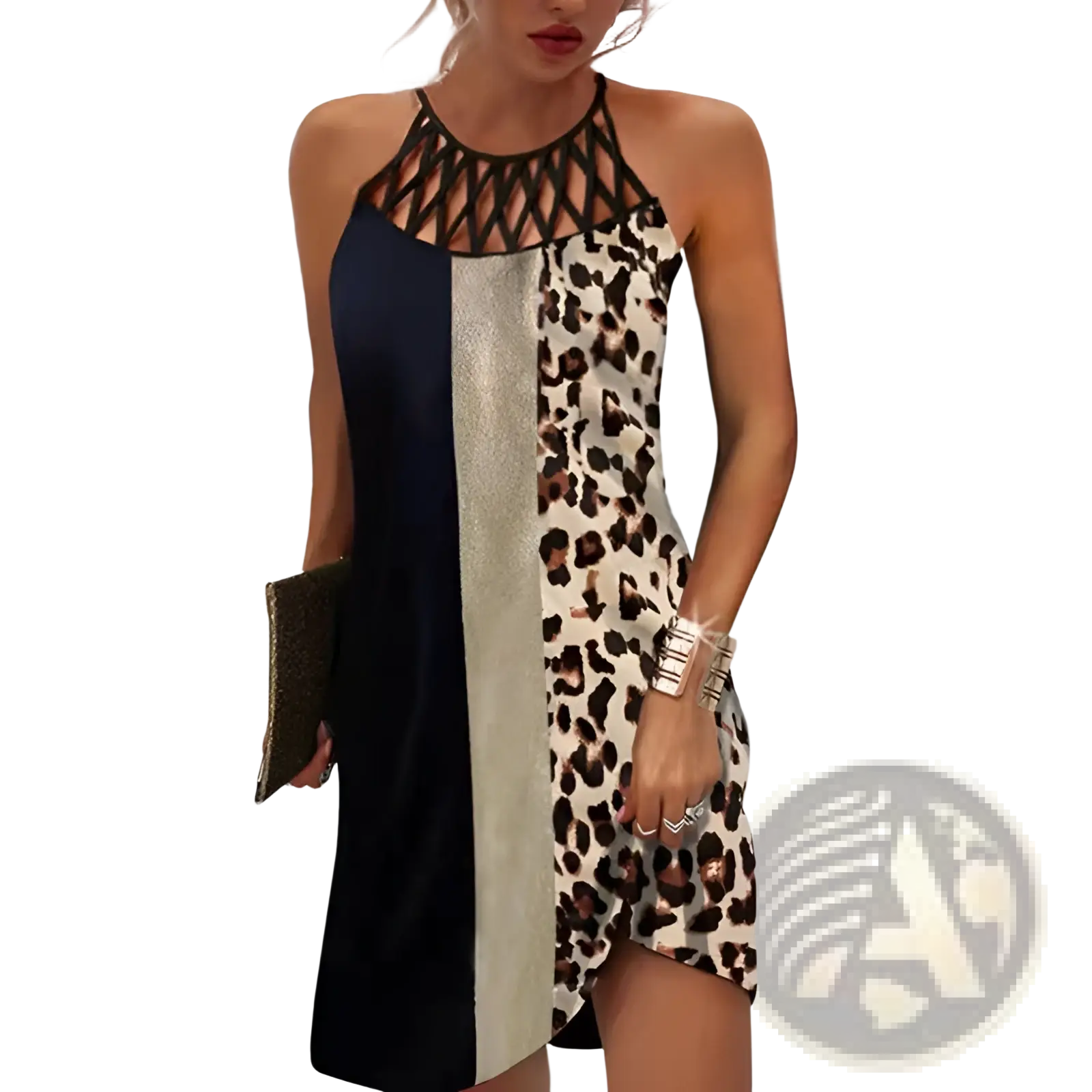A stylish geometric print halterneck asymmetrical midi dress with navy blue metallic silver and leopard print panels