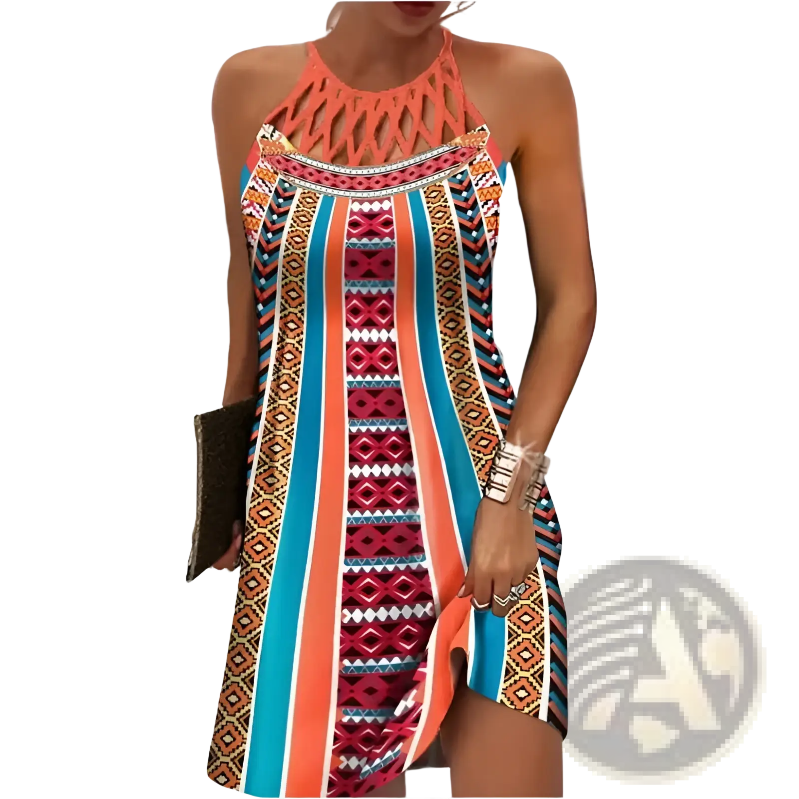 A vibrant geometric print halterneck asymmetrical midi dress with bold vertical stripes in orange teal and pink