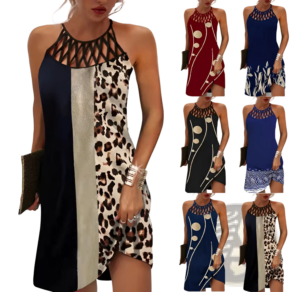 A geometric print halterneck asymmetrical midi dress with leopard print, metallic stripe, and black lace-up neckline