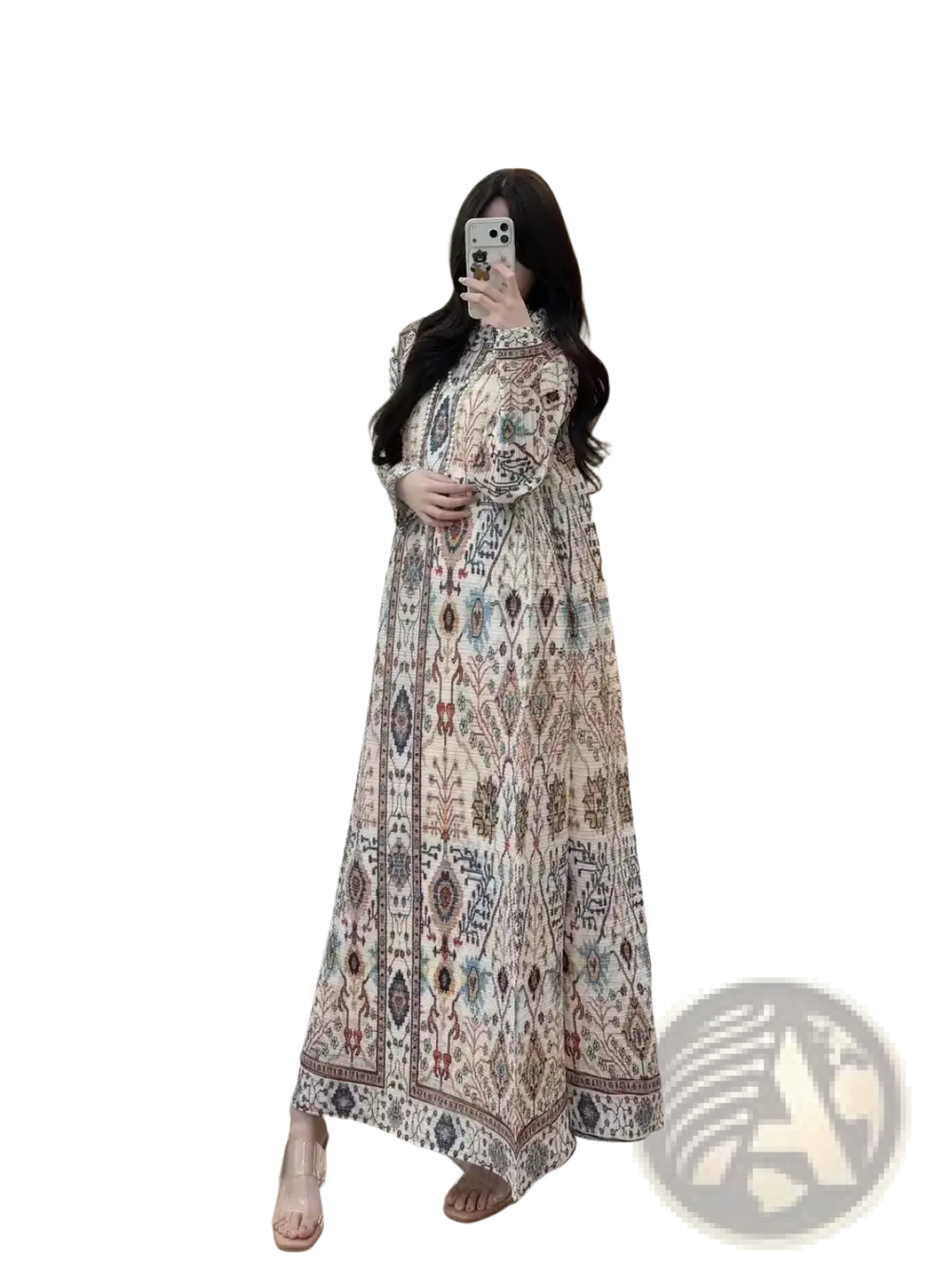 A flowing long-sleeved chiffon abaya maxi dress in soft beige with intricate geometric and floral pleated patterns