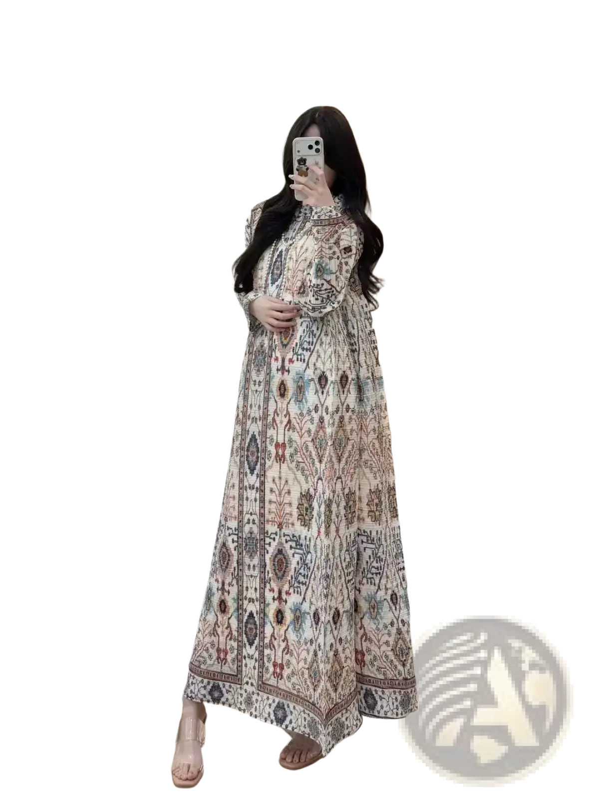 A flowing long-sleeved chiffon abaya maxi dress in soft beige with intricate geometric and floral pleated patterns