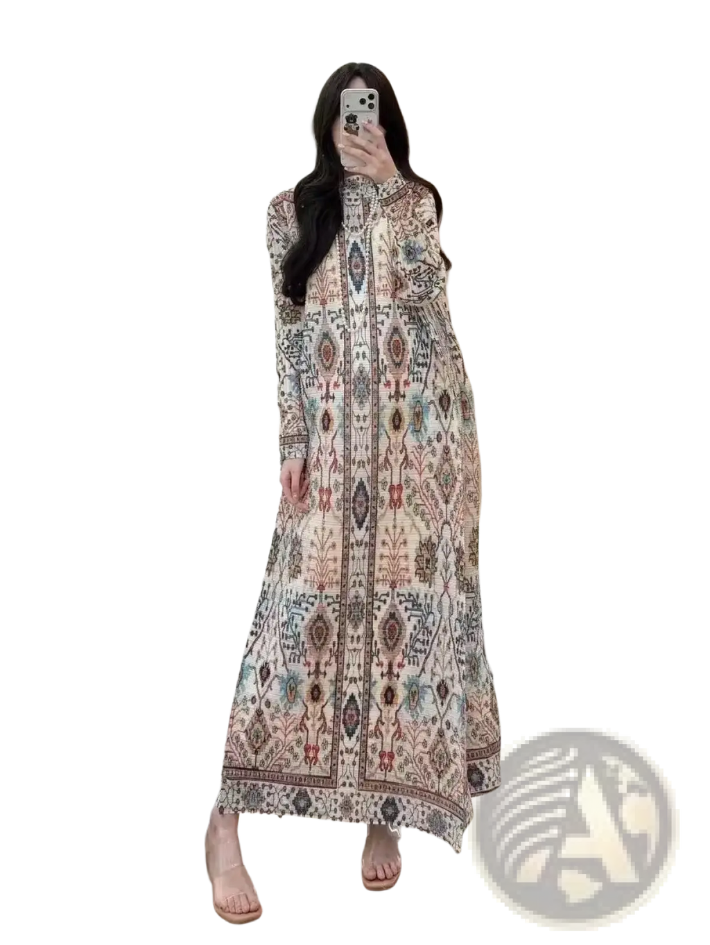 Geometric print pleated chiffon abaya maxi dress in earthy beige brown teal and muted red floral pattern on cream fabric