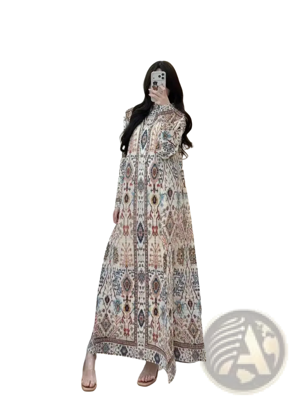 Geometric print pleated chiffon abaya maxi dress with intricate earthy geometric and tribal patterns on cream fabric