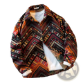 A vibrant geometric print retro mens long sleeve shirt in orange red black and beige with white accents