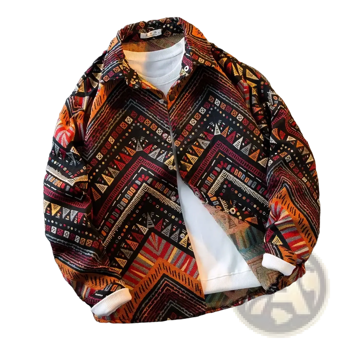 A vibrant geometric print retro mens long sleeve shirt in orange red black and beige with white accents