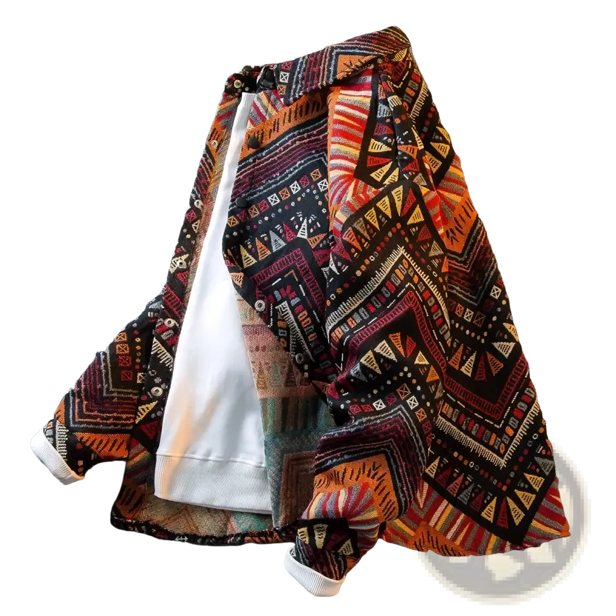 A vibrant geometric print retro mens long sleeve shirt in orange red black and beige tones with bold patterns