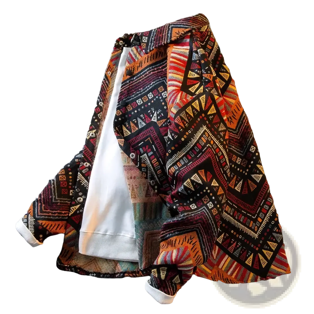 A vibrant geometric print retro mens long sleeve button-up shirt in orange red black and beige tones