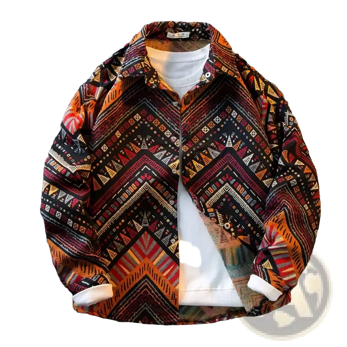 A vibrant long-sleeved button-up shirt with a bold orange red black and beige geometric print for men
