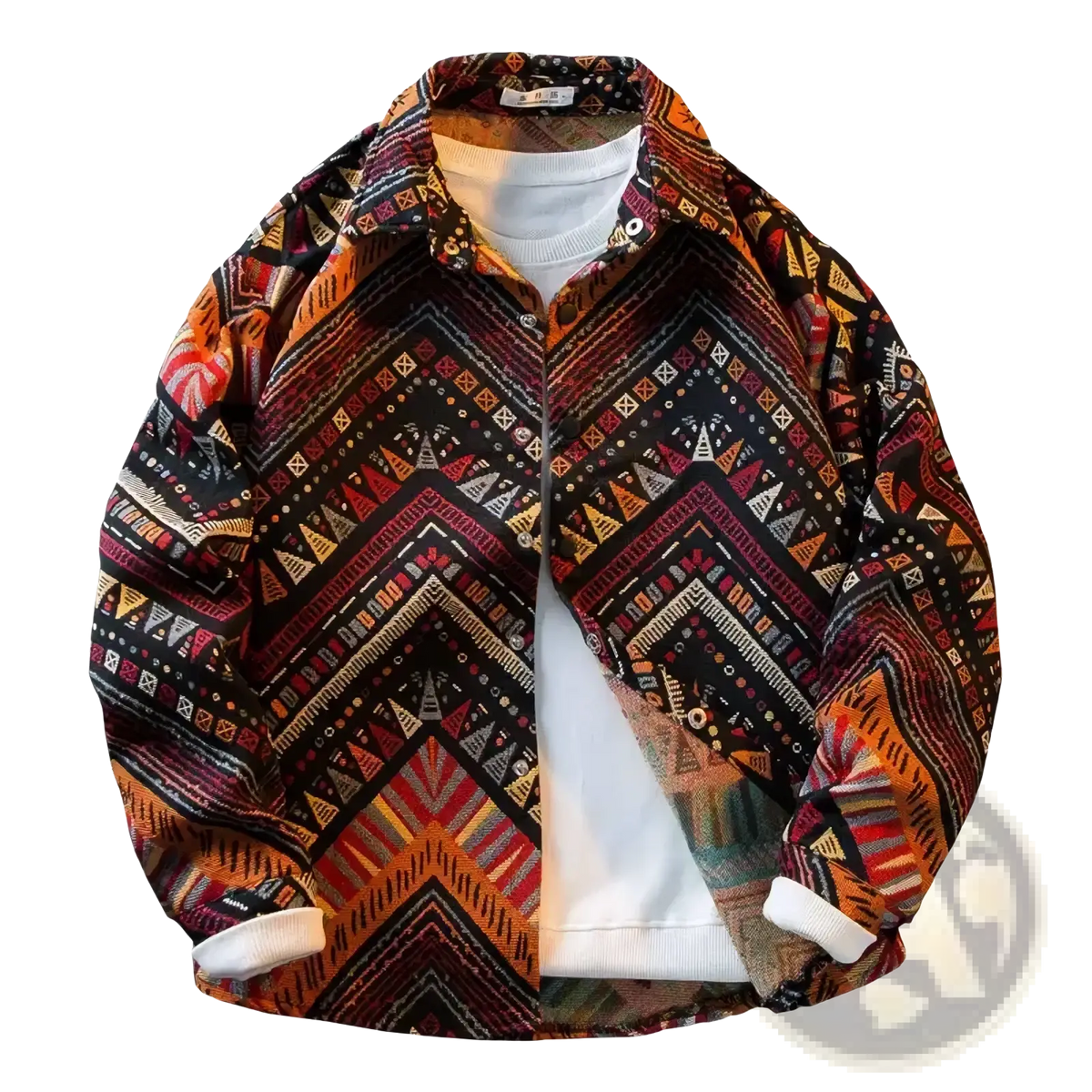 A vibrant long-sleeved button-up shirt with a bold orange red black and beige geometric print for men