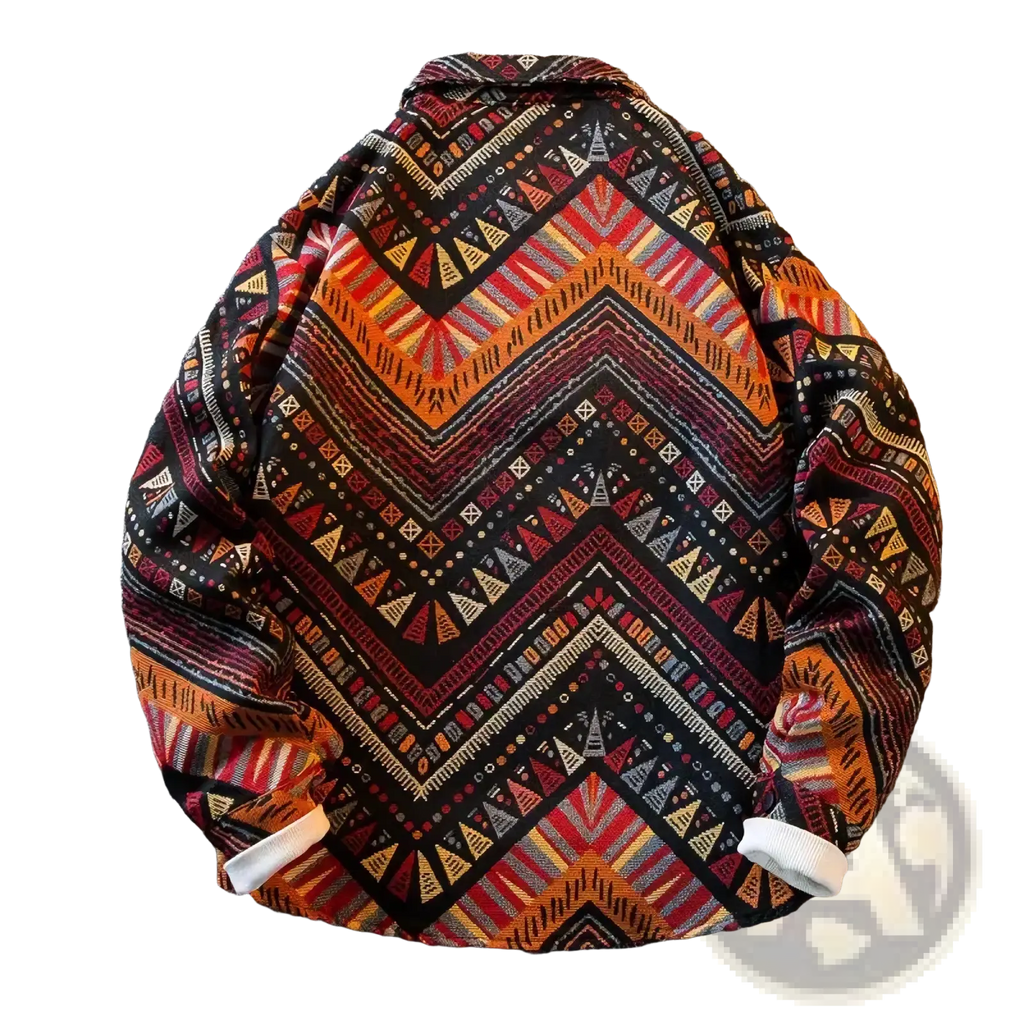 A vibrant long-sleeved mens shirt with bold orange red black geometric print and white trimmed cuffs