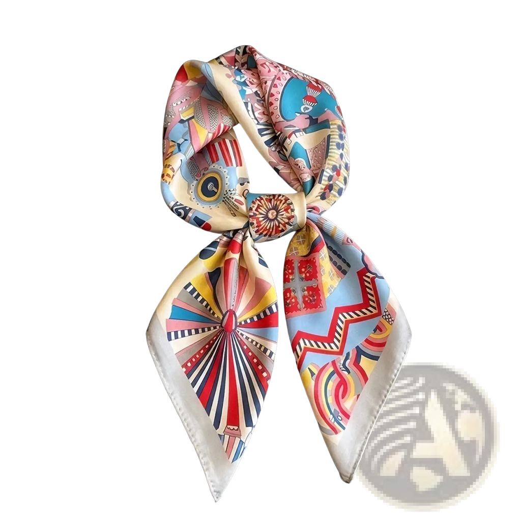 A vibrant geometric print satin square headscarf silk turban in pink blue red yellow and cream shades