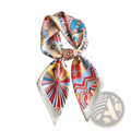 A vibrant geometric print satin square headscarf silk turban in pink blue red yellow and cream shades