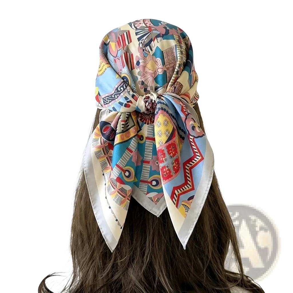 A vibrant geometric print satin silk square headscarf tied into a decorative knot at the back of the head