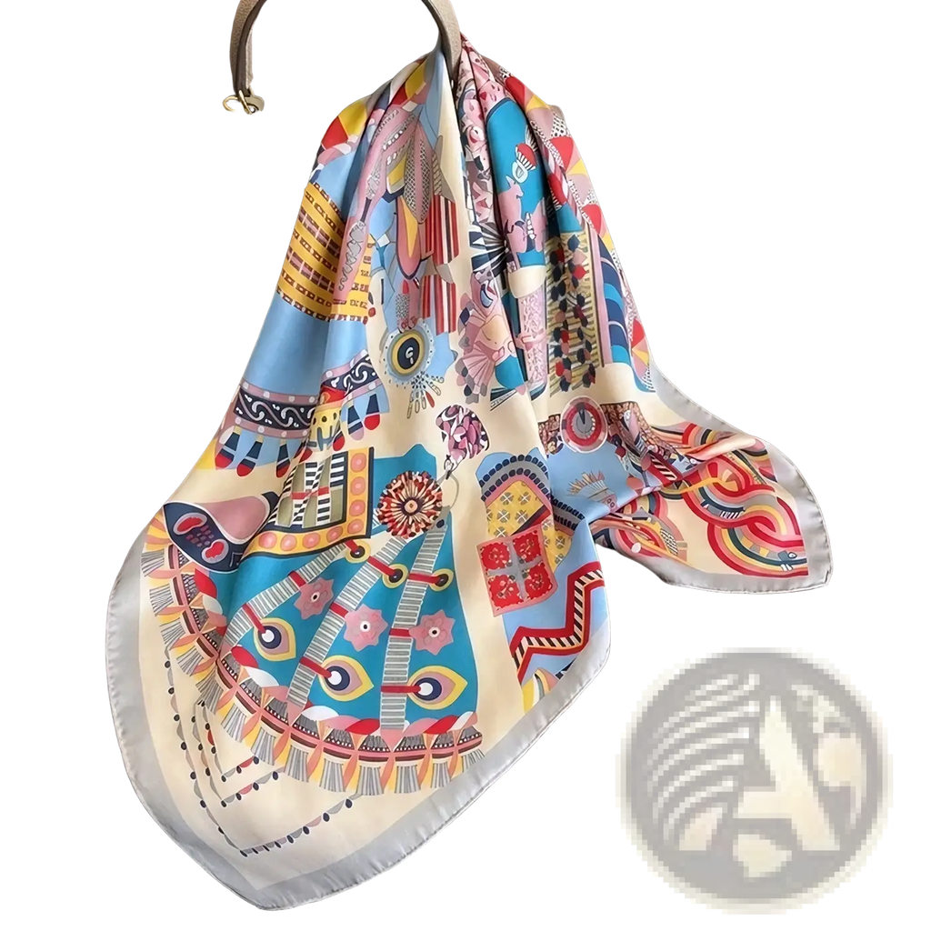 A vibrant geometric print satin square headscarf silk turban with colorful collage motifs on an off-white background