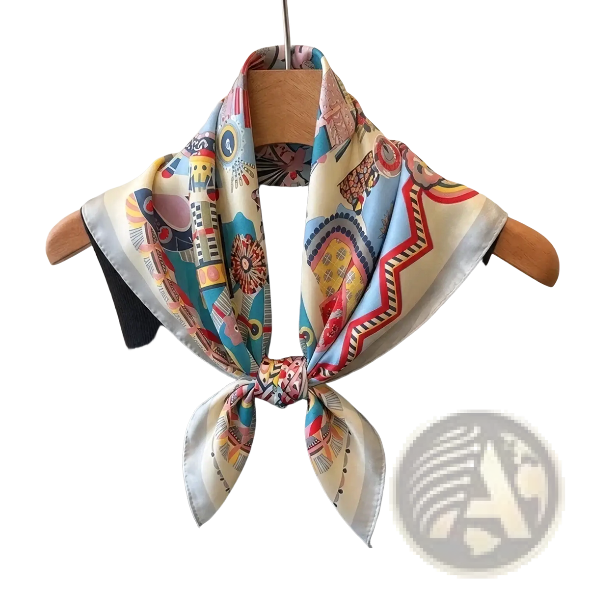 A vibrant geometric print satin square headscarf in blue red yellow and cream tied around a mannequin neck