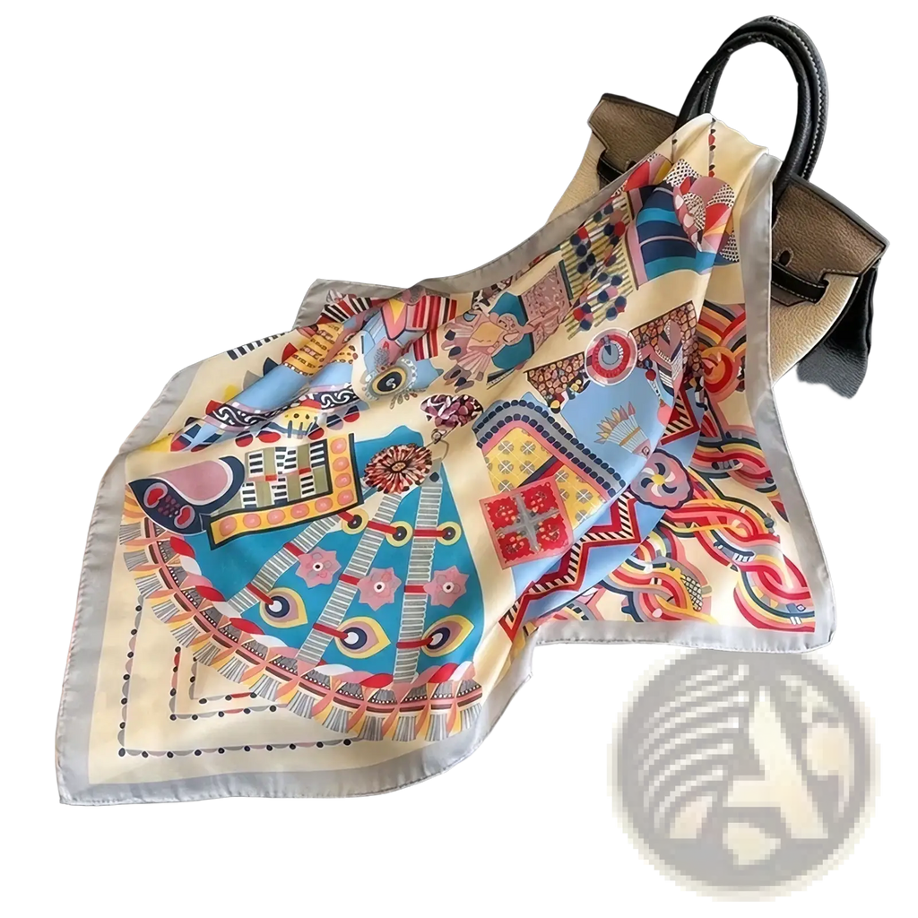 A vibrant cream-colored silk satin square headscarf featuring bold geometric and abstract blue red yellow and pink patterns