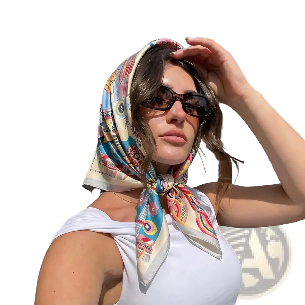 A geometric print satin square headscarf silk turban with vibrant blue pink yellow and cream floral patterns tied around the head