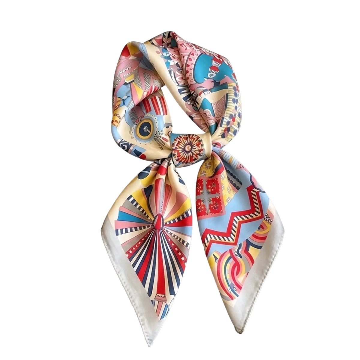 A vibrant geometric print satin square headscarf silk turban in pink blue red yellow and cream shades