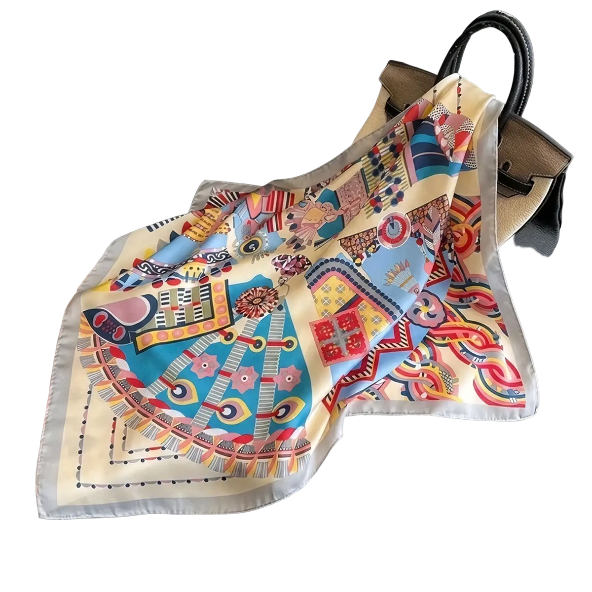 A vibrant cream-colored silk satin square headscarf featuring bold geometric and abstract blue red yellow and pink patterns