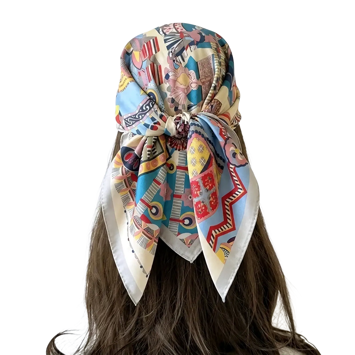 A vibrant geometric print satin square silk turban tied in a decorative knot on the head