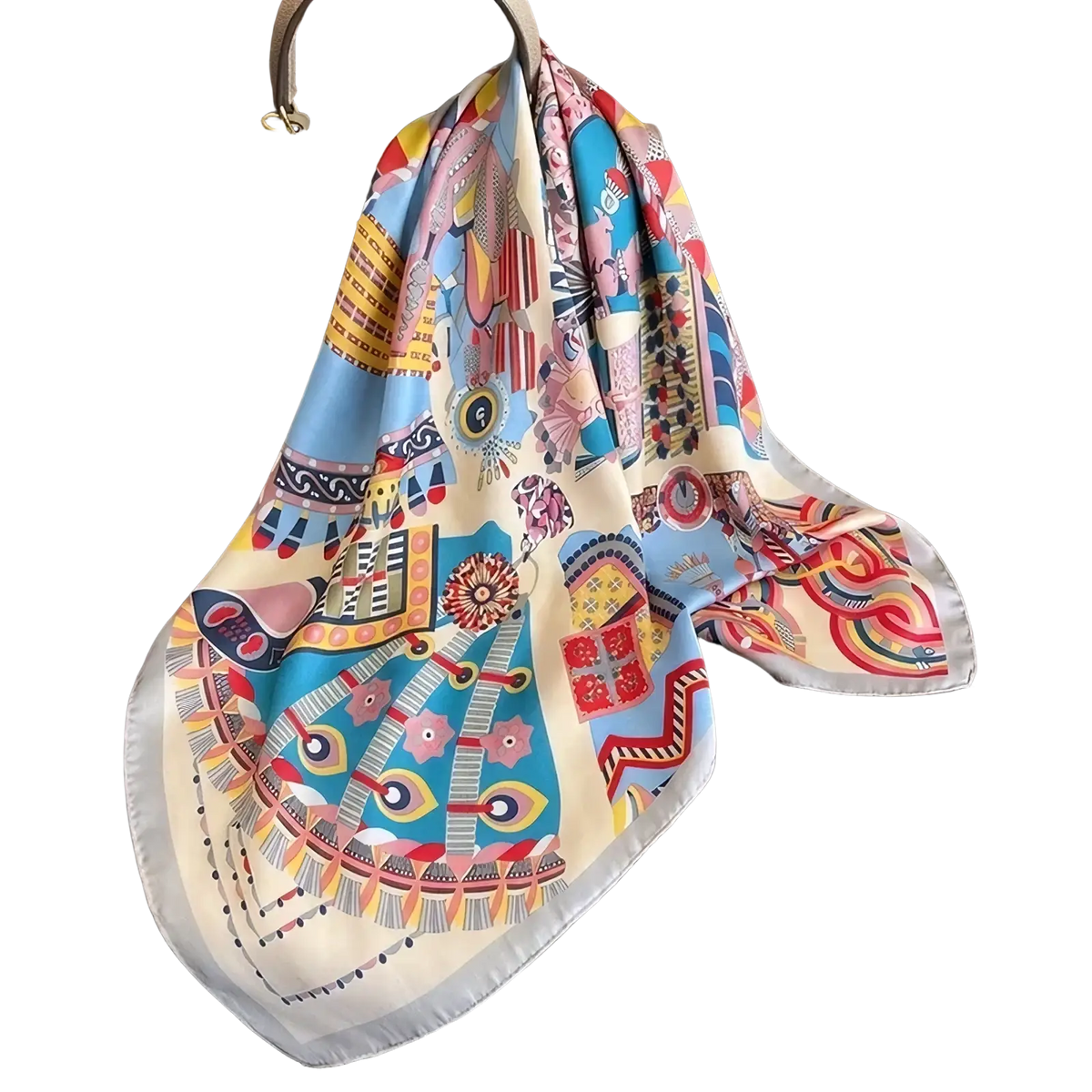 A vibrant geometric print satin square headscarf silk turban with colorful collage motifs on an off-white background