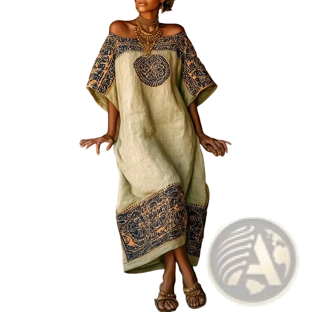 A flowing pale green linen geometric print off shoulder maxi dress with dark blue and gold embroidered patterns