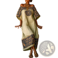 A flowing pale green linen geometric print off shoulder maxi dress with dark blue and gold embroidered patterns